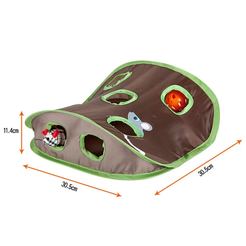 9-Hole Interactive Cat Tunnel Toy with Mouse & Ball - Foldable Canvas Play Mat - detail