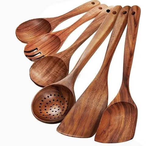 6-Piece Teak Wood Cooking Utensil Set with Hanging Holes | Nonstick - alternate angle