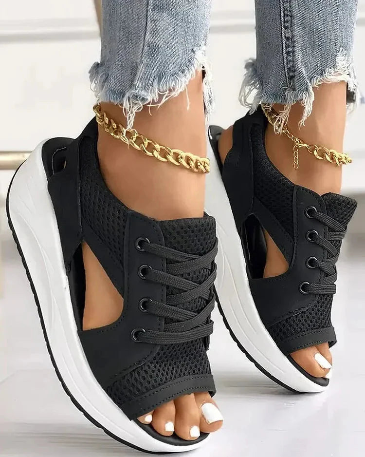 Contrast Paneled Cutout Lace-up Muffin Sandals - detail