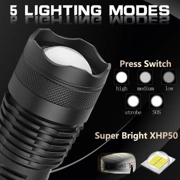 90,000 Lumens XHP50.2 Rechargeable LED Flashlight with Zoom, USB