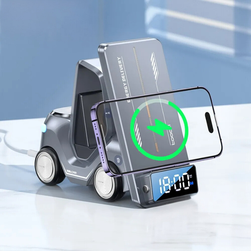 5-in-1 Forklift Design MagSafe Wireless Charger with Alarm Clock & Night Light