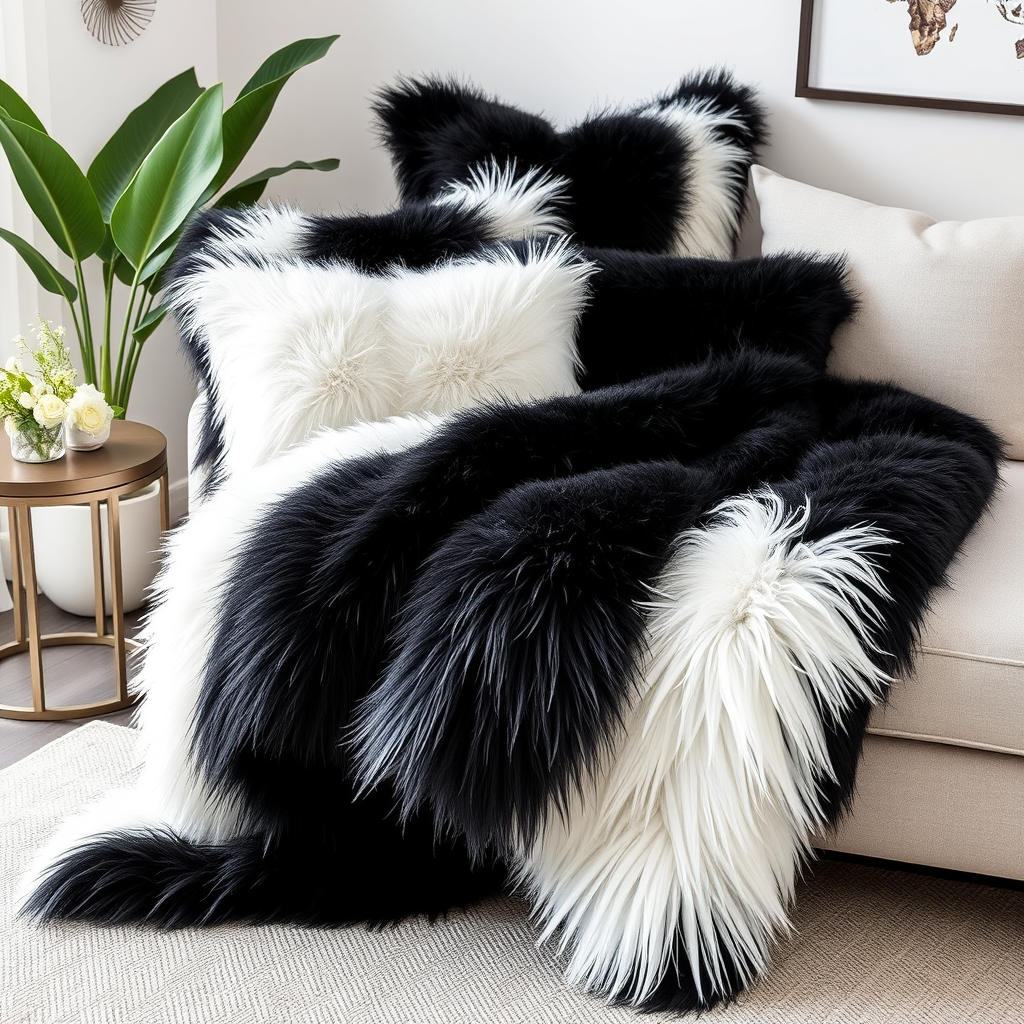 Black and White Faux Fur Blanket and 2 Pillow Cases