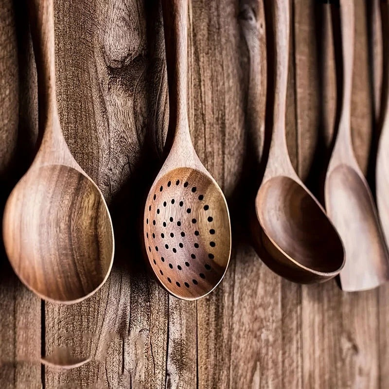 5-Piece Wooden Kitchen Utensil Set with Ergonomic Handles - in use