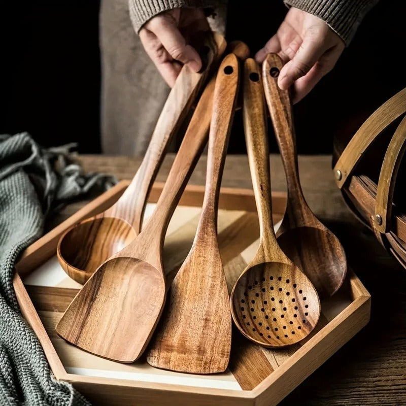 5-Piece Wooden Kitchen Utensil Set with Ergonomic Handles