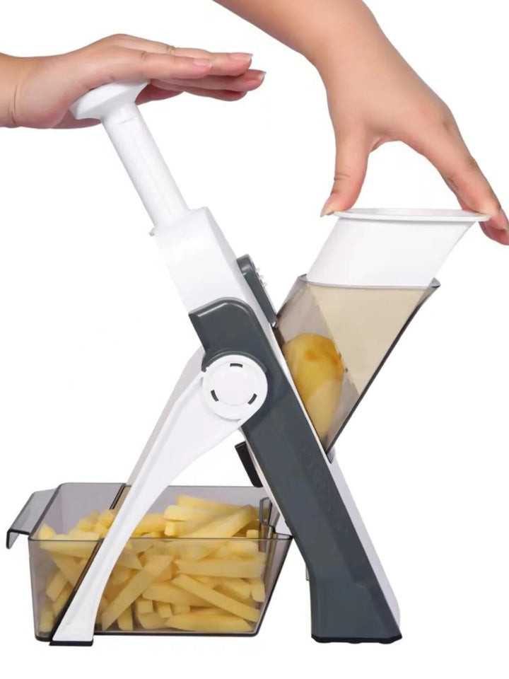 5-in-1 Vegetable Slicer with Collecting Tray - Multi-Blade Food Chopper & Dicer - in use