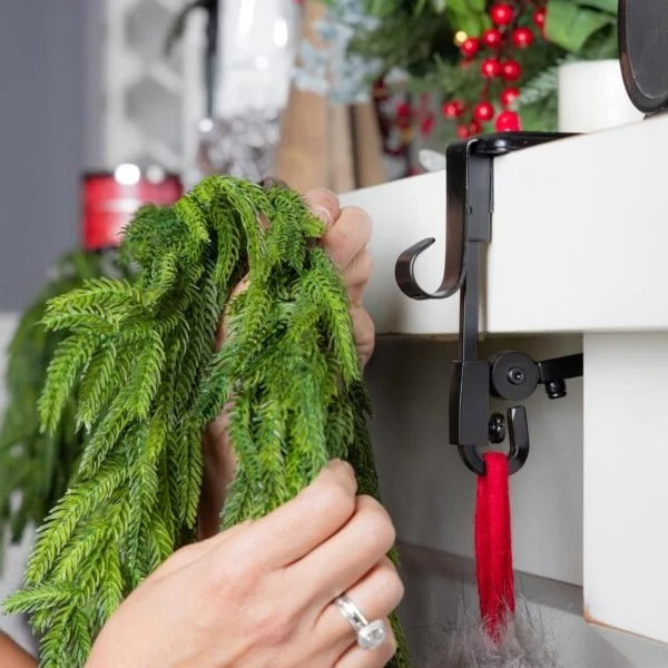 Adjustable Fireplace Stocking and Garland Hanger Set - in use