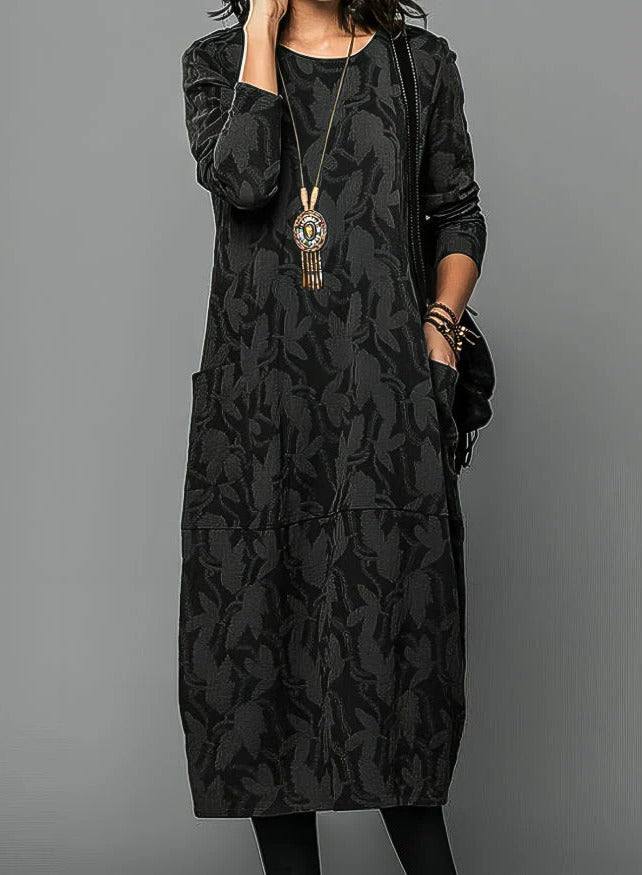Casual Winter Dress For Women With Round Neckline and Warm Fabric - in use