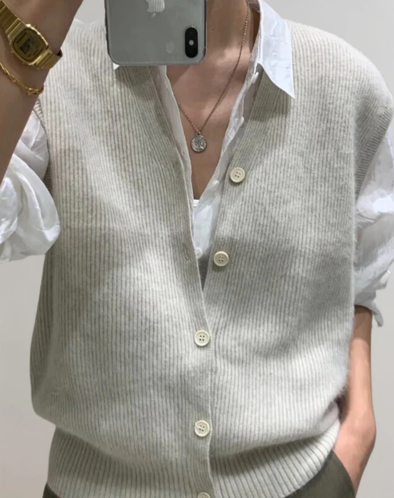 Casual knitted waistcoat with button placket - in use