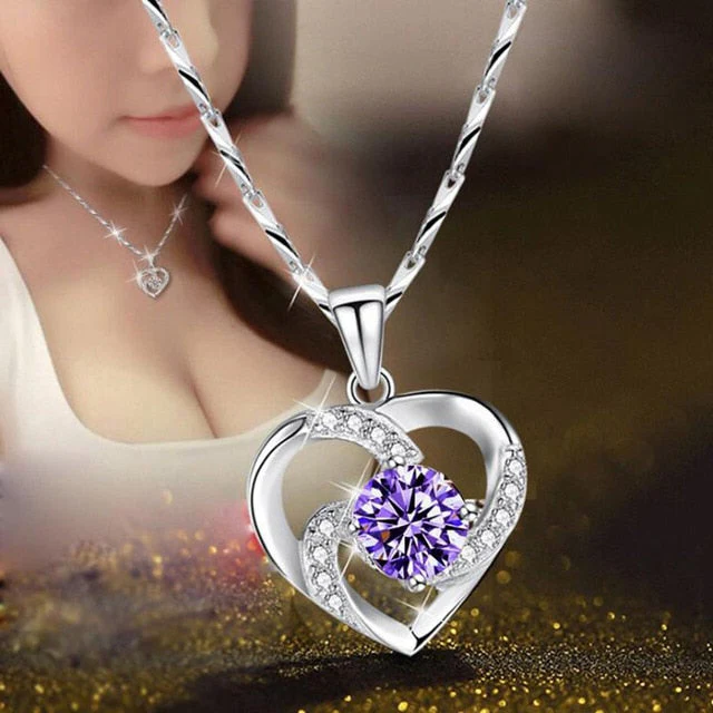 Crystal Heart Necklace - 925 Sterling Silver Pendant CZ Crystal - alternate angle