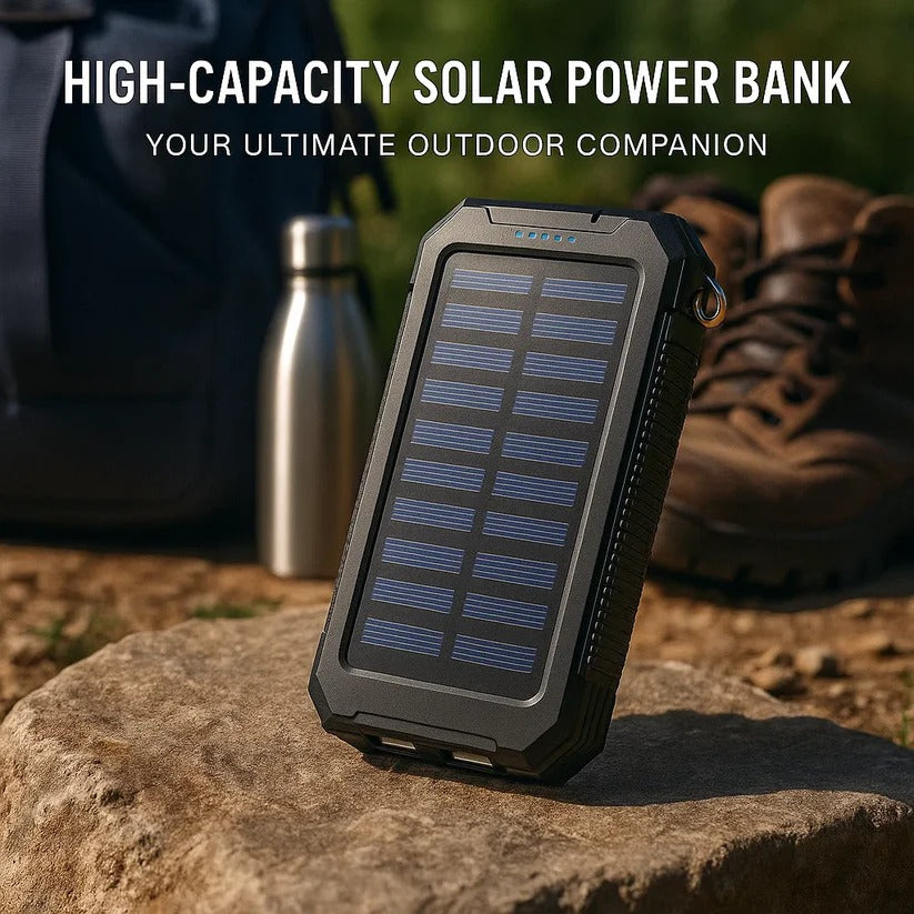 Portable Solar Power Bank with Dual USB Ports & LED Flashlight - in use
