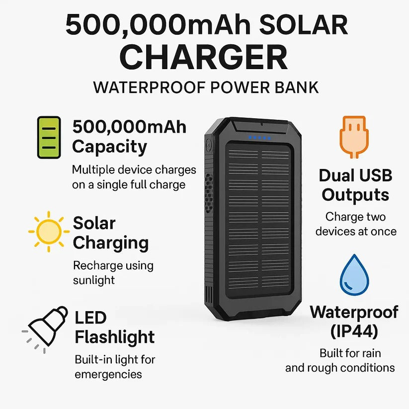 Portable Solar Power Bank with Dual USB Ports & LED Flashlight - alternate angle