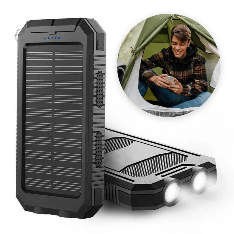 Portable Solar Power Bank with Dual USB Ports & LED Flashlight