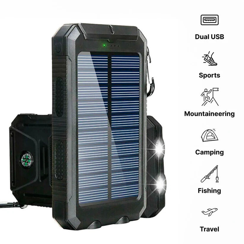Portable Solar Power Bank with Dual USB Ports & LED Flashlight