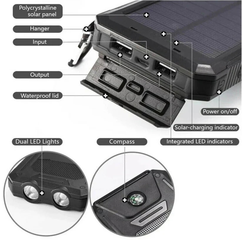 Portable Solar Power Bank with Dual USB Ports & LED Flashlight