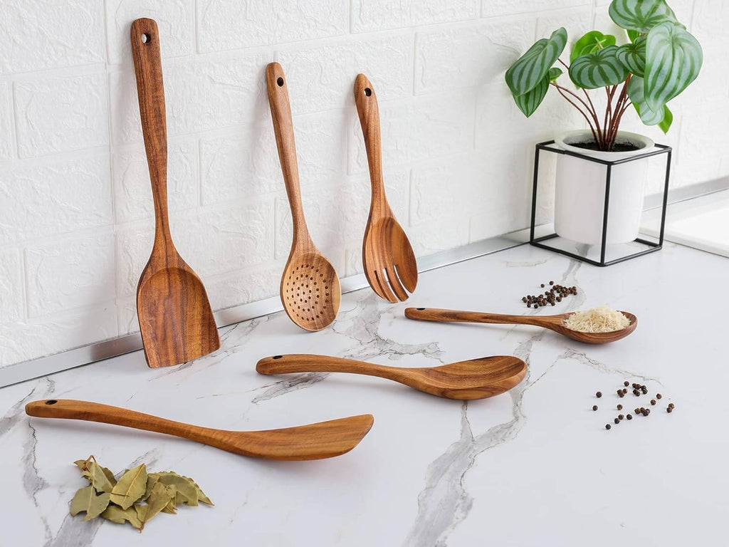 6-Piece Teak Wood Cooking Utensil Set with Hanging Holes | Nonstick - in use