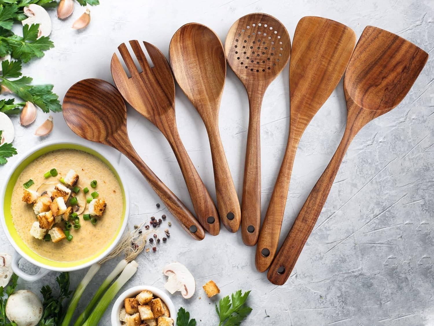 6-Piece Teak Wood Cooking Utensil Set with Hanging Holes | Nonstick