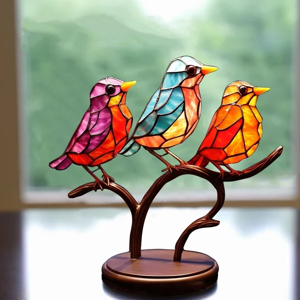Colorful Birds on Branch Desktop Ornaments - in use