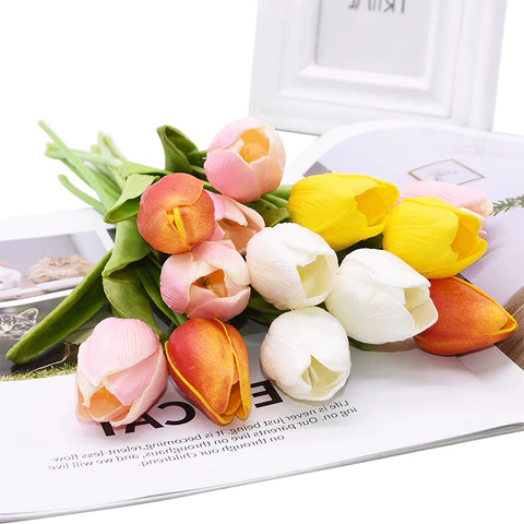 Fleurs de tulipes artificielles réalistes (bouquet de 10 pièces)
