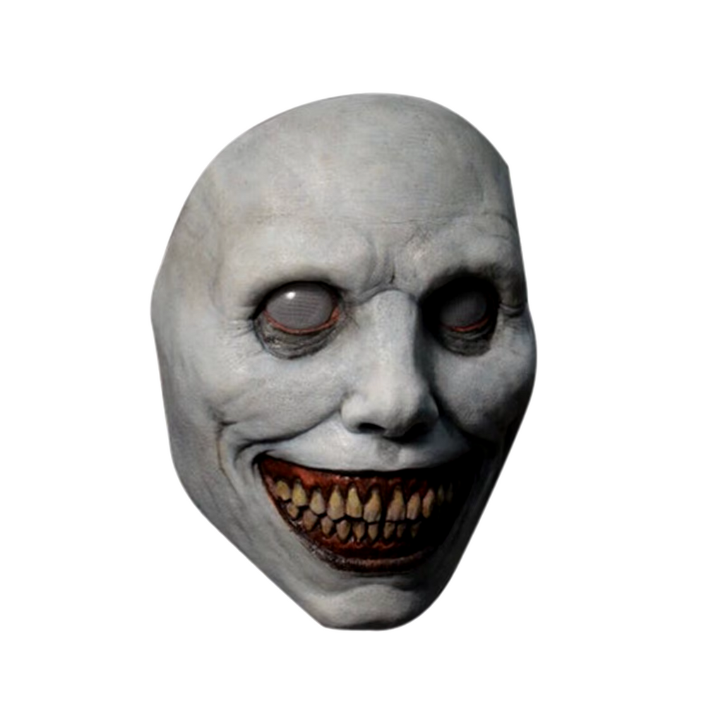 Creepy Smiling Face Evil Mask - Creepy White Eyed Demon Smiling Mask - alternate angle