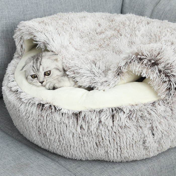 Cozy Pet Bed for Dogs and Cats - SnuggleCave - Plush Comfort - in use