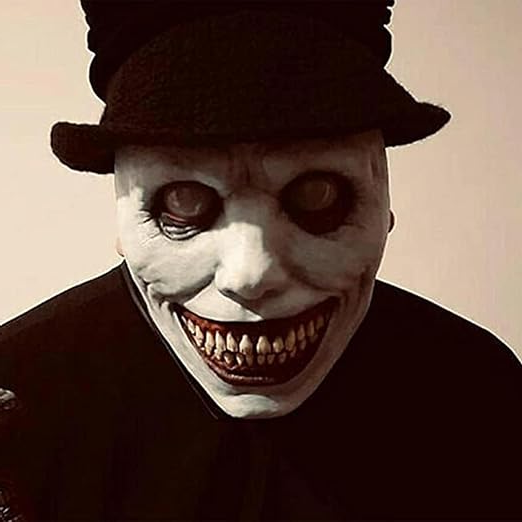 Creepy Smiling Face Evil Mask - Creepy White Eyed Demon Smiling Mask - in use
