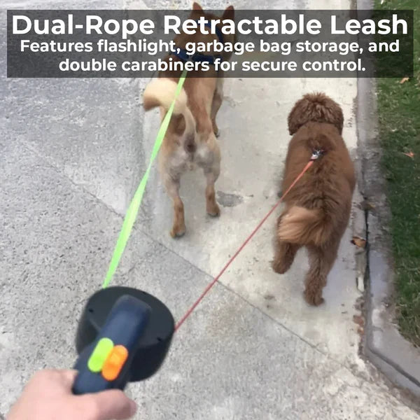 Dual Retractable Dog Leash with Flashlight & Waste Bag Holder - in use